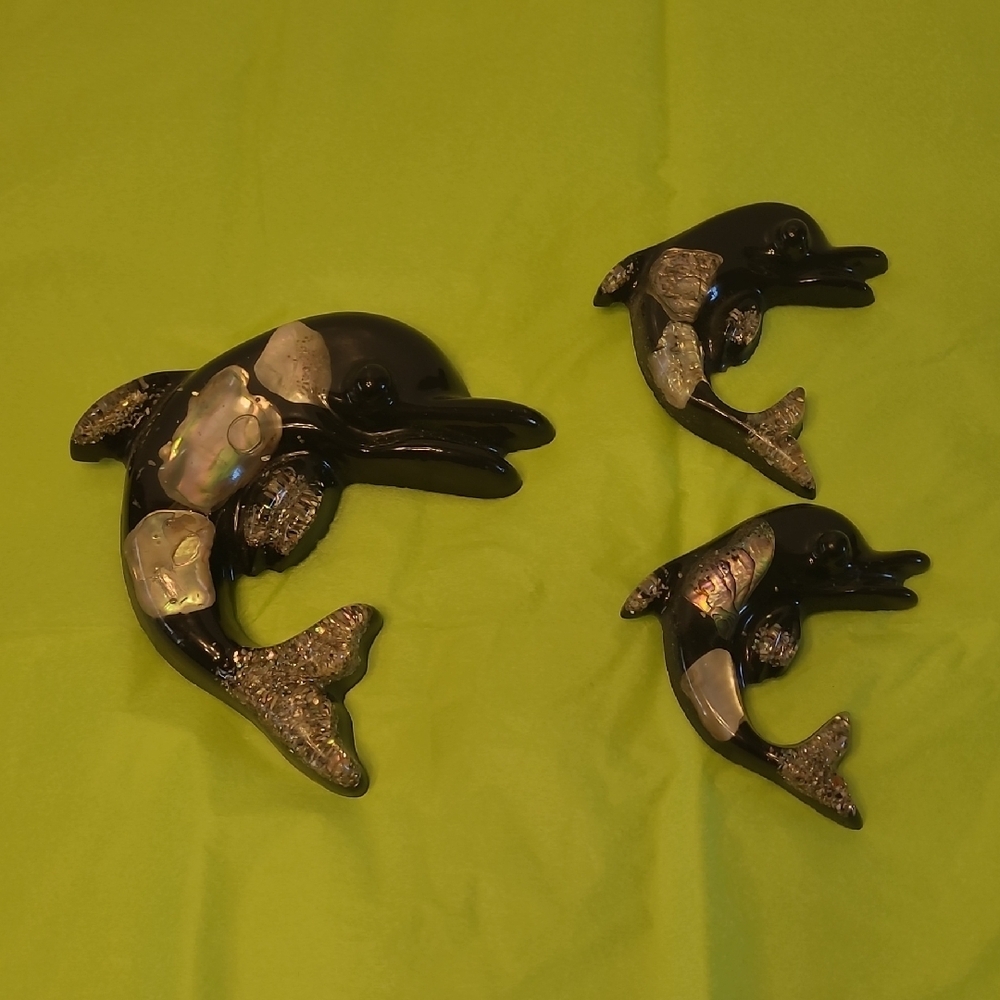 🐬Vintage Ca 60/70s ~ Dolphin  LUCITE Opal Abalone Shell Wall Hanging